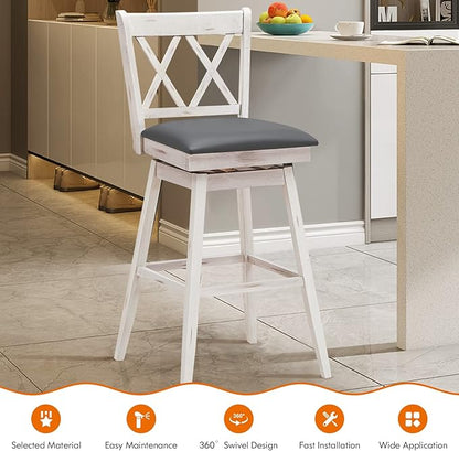 COSTWAY Bar Stool Set of 2, 360° Swivel Bar Height 29.5 inch Bar Stool with Foot Rest Upholstered Cushion & Ergonomic Backrest, Sturdy Frame, for Pub, Restaurant, Home (2, Antique White+ Grey)