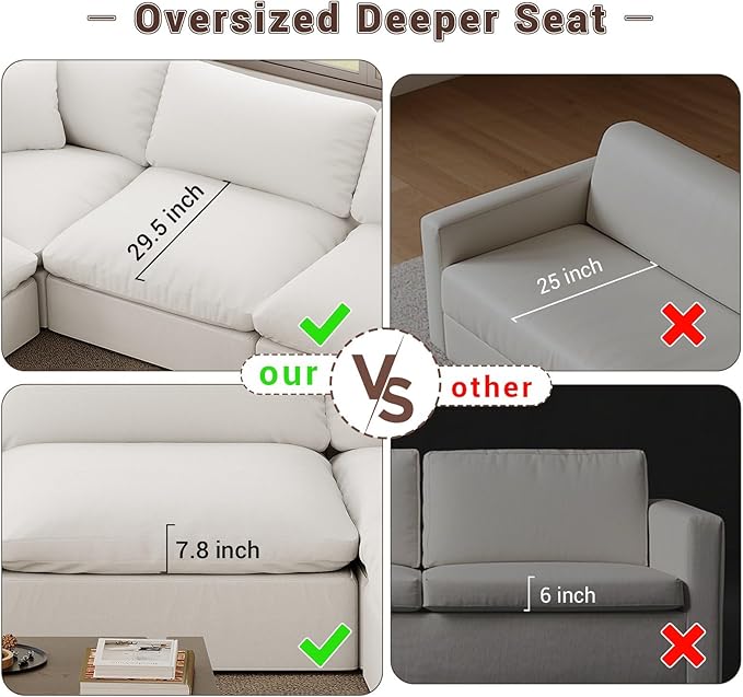 253" Oversized Cloud Modular Sectional Sofa,7 Seat Down Filled Sofa,Comfy Deep Seat Couch with Reversible Chaise & Cushions,Couch Cover Washable and Replaceable,White