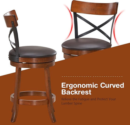 COSTWAY Bar Stool Set of 2, 360-Degree Swivel Solid Wood Stools with Soft Cushion & Backrest, 25”Height Kitchen Counter Bar Stools for Kitchen Island, Pub, and Restaurant (2, 25 inch)
