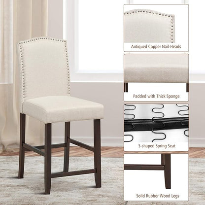 COSTWAY Bar Stools Set of 4, 25'' Upholstered Counter Height Bar Stools with S-Shaped Spring Thick Cushion, Rubber Wood Legs, High Back Leisure Chairs for Living, Kitchen, Dining Room (Beige, 4)