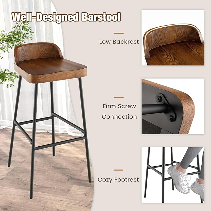 COSTWAY Bar Stool Set of 4, 29'' Industrial Pub Stool with Low Backrest and Footrest, Metal Legs, Breakfast Counter Height Chair for Island Living Room Kitchen Bar, Rustic Brown & Black