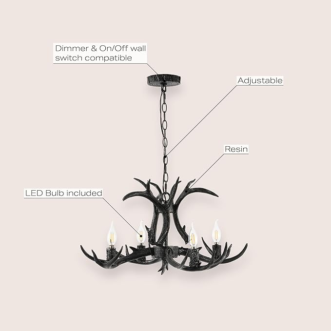 JONATHAN Y JYL6301D Eldora 26" Adjustable Resin Antler 4-Light LED Chandelier, Black for Living Room, Dining Room