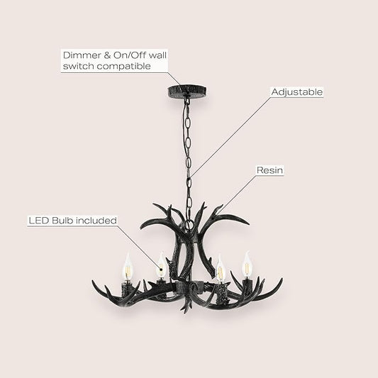 JONATHAN Y JYL6301D Eldora 26" Adjustable Resin Antler 4-Light LED Chandelier, Black for Living Room, Dining Room
