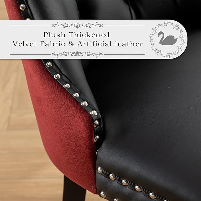 Leather Upholstered Dining Chairs Set of 8, Modern Style Kitchen Side Chairs with Nailhead Trim and Wood Leg, Metal Pulling Ring for Dining Room Living Room(Black&Wine Red)