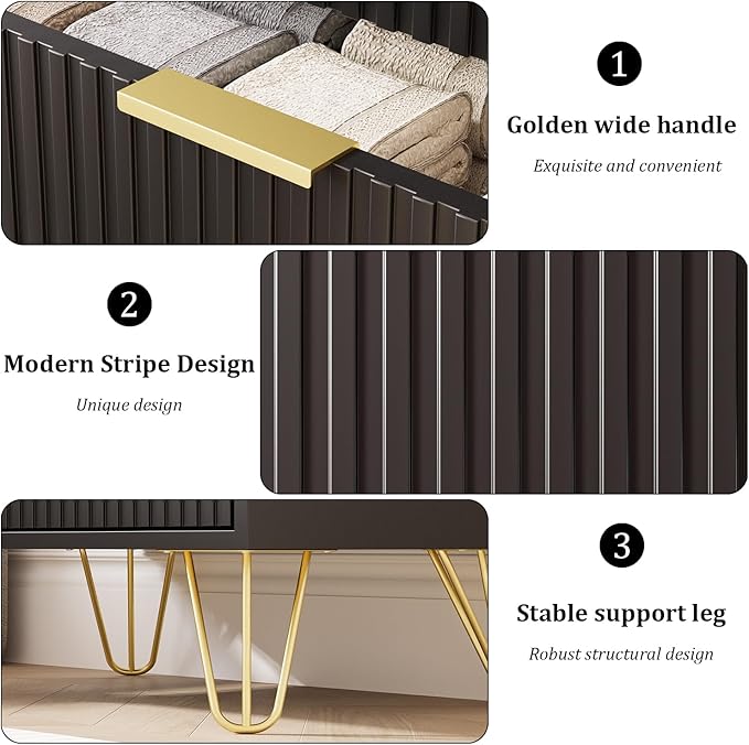 5 Drawers Dresser for Bedroom, 47" Tall Modern Chest of Drawers with Gold Handle, Fluted Wood Dresser for Bedroom, Living Room, Hallway, Entryway, Black