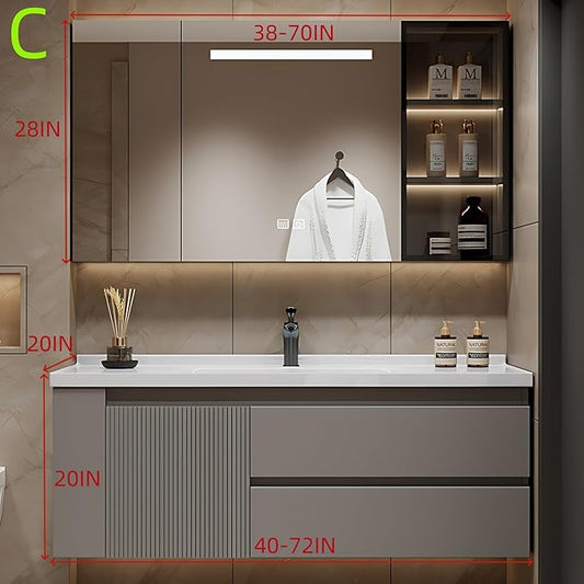 48IN Suspended Bathroom Cabinet Combo Set - Fully Functional LED Mirror Vanity with Smart Defogging & Time Display | Bathroom Vanity with Sink,Side Cabinets Storage Compartment (Style C)