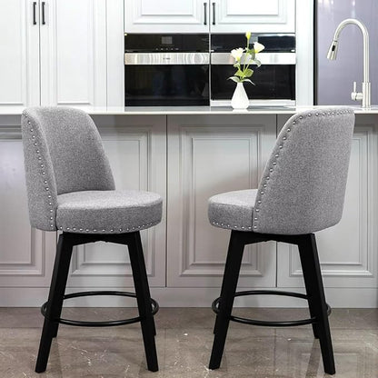 MINCETA Bar Stools Set of 2, 26 Inch Upholstered Barstools with High Back and Footrest, Swivel Counter Height Barstools for Kitchen Island Home Bar Gray