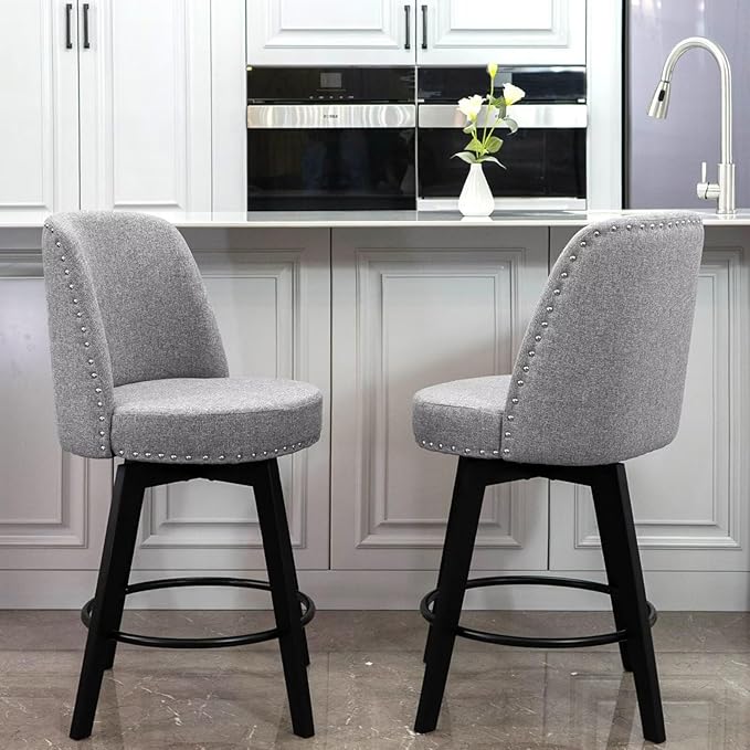MINCETA Bar Stool, 26 Inch Upholstered Barstool with High Back and Footrest, Swivel Counter Height Barstool for Kitchen Island Home Bar Gray