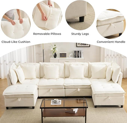 103" Modular Sectional Sofa, L-Shaped Corduroy Comfy Sectional Couches for Living Room, 3-Seater Cloud Couches with 1 Ottoman, Modern Deep Seat Sofa with Large Storage, Beige