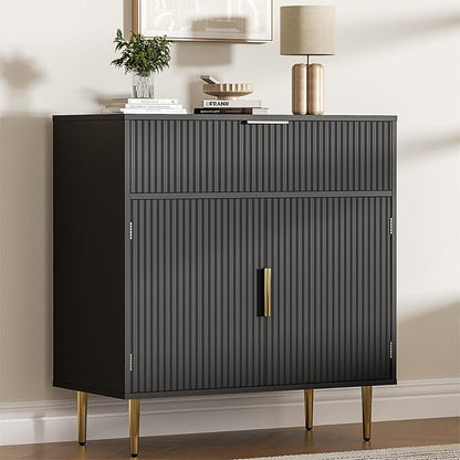 Sideboard Buffet Cabinet with 2 Doors & Drawer, Coffee Bar with Adjustable Shelves, Liquor Cabinet with Storage, Accent Cabinet Console Table for Living Dining Room, Black