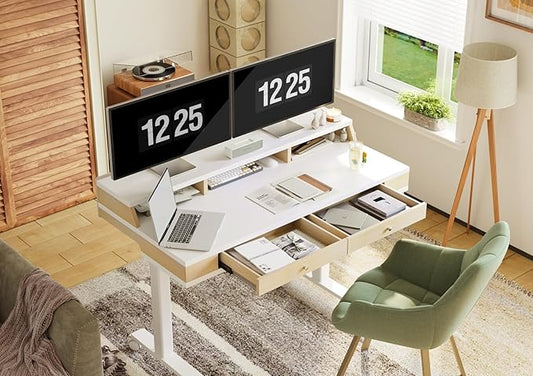 Claiks Electric Adjustable Standing Desk with Drawers, Sit Stand Up Desk with Storage Shelves & Wheels, 55 Inch White
