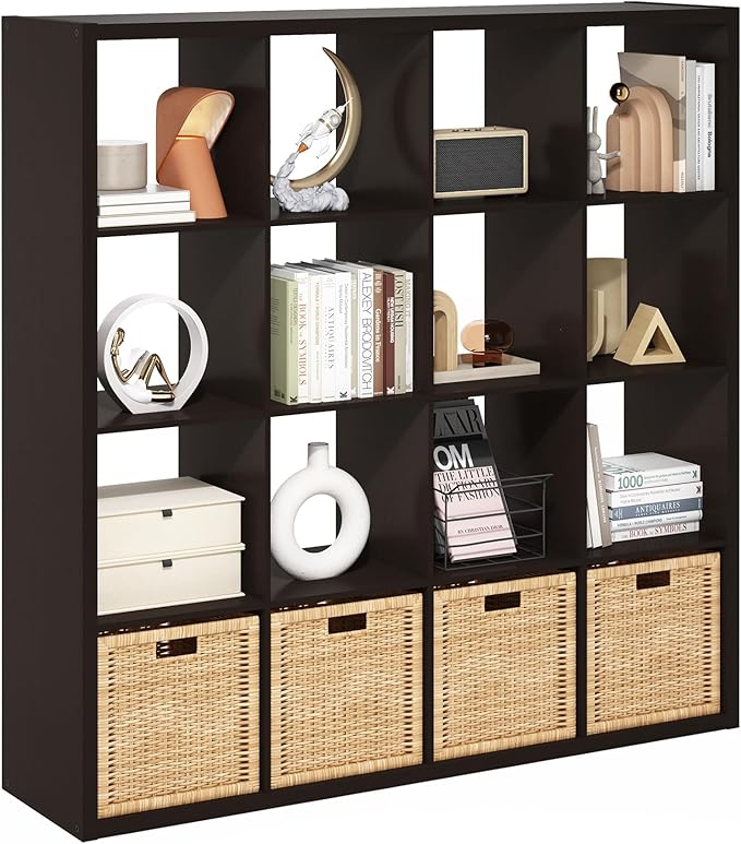 Furinno Cubicle Book Shelf, 16-Cube Thick Frame Bookshelf, Reversible Bookcase with Open Back, 14.6 x 57.8 x 58, for Living Room, Bedroom, Home Office, Black Dark Oak