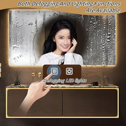 54IN Bathroom Vanity Set with a Single Sink - Embedded Sensor Light Strip & Large Capacity Floating Cabinet | Modern Bathroom Vanities with Defogging Mirror Surface & LED Lighting (Mirror)