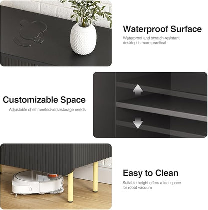 Modern Fluted Black Storage Cabinet with 3 Doors, Adjustable Shelves, and Metal Legs, Accent Buffet Sideboard for Living Room, Dining Room, Entryway (Black & Gold)