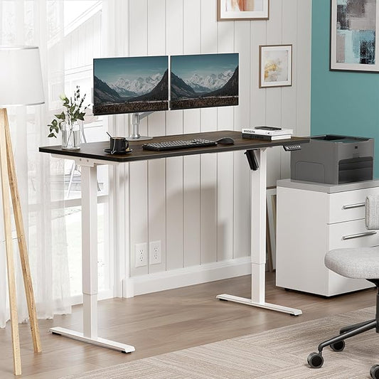 One-Piece Electric Standing Desk, 48 x 24 Inch Adjustable Height Sit to Stand Up Desk for Home Office, Work & Study, White Frame & Brown Desktop (2 Packages)
