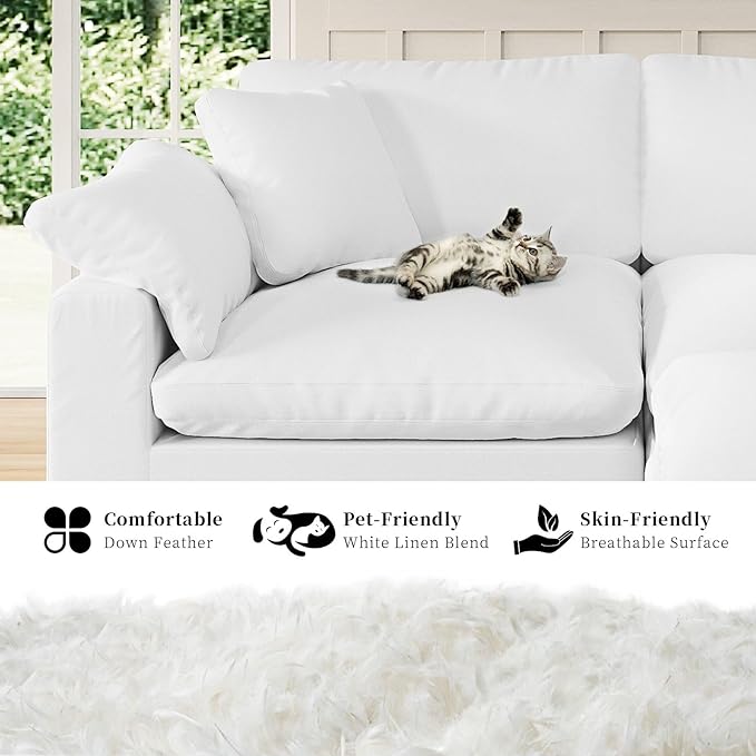 Modular Sectional Sofa Cloud Couch,Down Filled Comfy Cloud Modern Sofa,White Linen V Shape 5 Seater Oversized Couch Cushion Covers Removable for Living Room