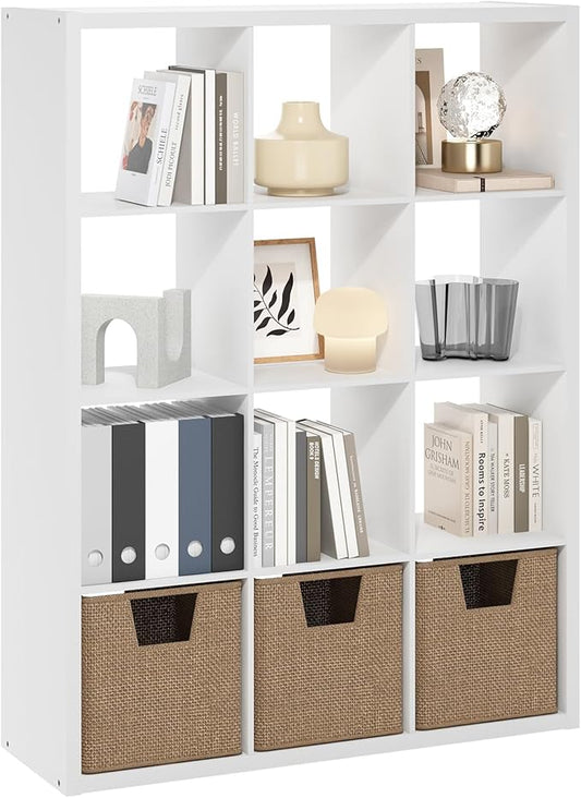 Furinno Cubicle Book Shelf, 12-Cube Thick Frame Bookshelf, Reversible Bookcase with Open Back, 14.6 x 43.8 x 58, for Living Room, Bedroom, Home Office, White