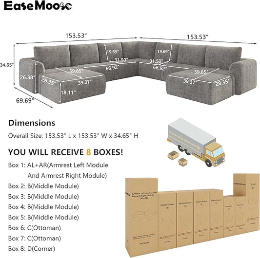 EASE MOOSE Oversized Sectional Cloud Couch, 9-Seat Modular Boneless Sofa Set with Deep Seat, No-Assembly Chenille Sofa for Living Room, Light Grey