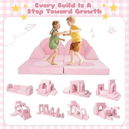12 Pcs Modular Kids Play Couch, Toddler Couches That Fold Out, Plush Foam Chair for Children’s Playroom, Velvet Fabric Convertible Foam and Floor Cushion for Boys and Girls (Pink,07)