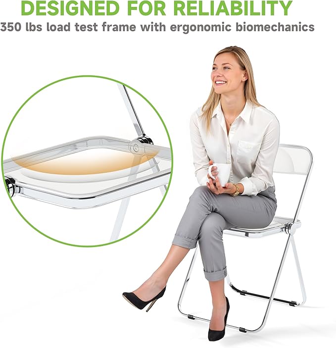 Real Relax Acrylic Folding Chairs,Foldable & Stackable Clear Chairs with Metal Chrome Frame, Indoor and Outdoor, for Home, Office, Party & Events,Set of 4,350LB,Transparent