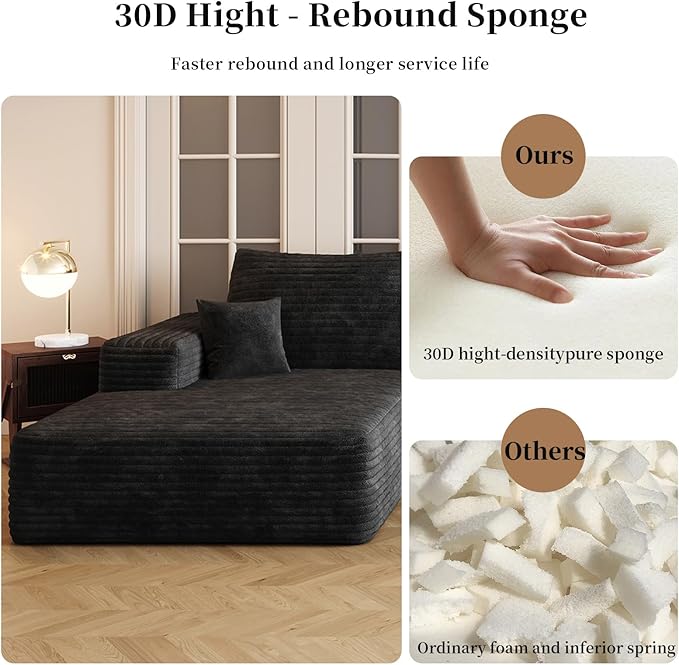 135.4'' Oversized Cloud Sofa Sectional Couch, Boneless Couch with L-Shape Chaise, Upholstered Compression Modular Sectional Sofa for Living Room, No Assembly Required (Black, Left Facing Chaise)