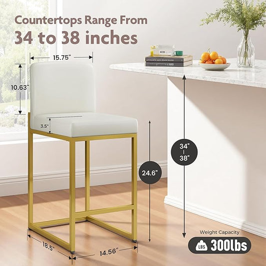 ALPHA HOME 24 Inch Bar Stools Set of 6, Kitchen Counter Stools with Backs, PU Leather Barstools, White Bar Stools with Upholstered Footrest, Sturdy Chromed Metal Steel Frame, White