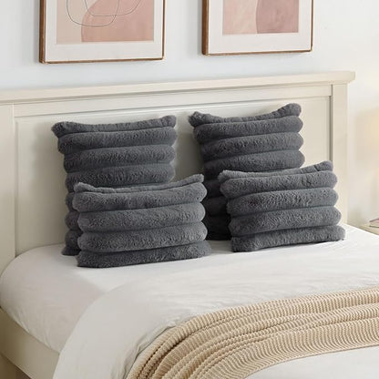 FUTEI Dark Grey Decorative Throw Pillow Covers 12x20 Inch Set of 2, Square Soft Faux Rabbit Fur Big Striped Cushion Cover,Home Decor for Couch Sofa Bed Living Room