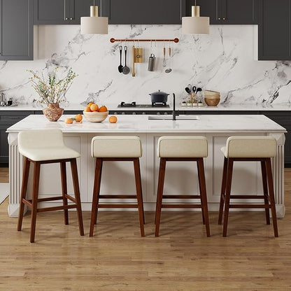 COSTWAY Wooden Bar Stools Set of 2, 29-inch Height Upholstered Padded Seat, Low Backrest, Footrest, Rubber Wood Legs, Armless Bar Chairs for Kitchen Counter Island, Dining Room, Brown+Beige