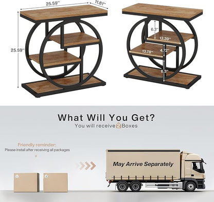 Tribesigns End Table Set of 2, 4-Tier Narrow Side Table with Storage Shelves, Wood Small Sofa Side Table with Geometric Metal Frame, Industrial Bedside Table for Bedroom, Living Room, Natural Brown