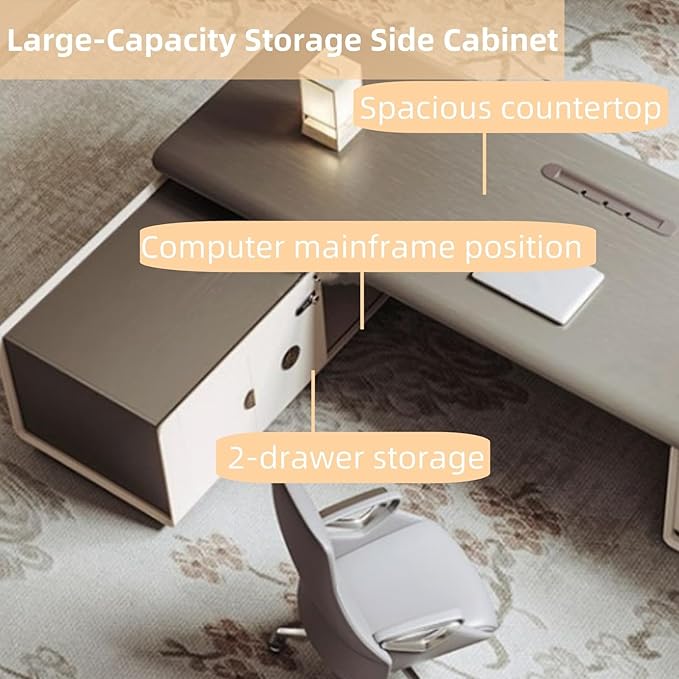 86IN L-Shaped Executive Desk with Drawer Cabinet, Executive Office Desk with LED Strip & Exquisite Handle & Fashionable Pattern Design
