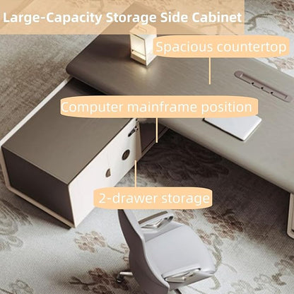 70IN L-Shaped Executive Desk with Drawer Cabinet, Executive Office Desk with LED Strip & Exquisite Handle & Fashionable Pattern Design