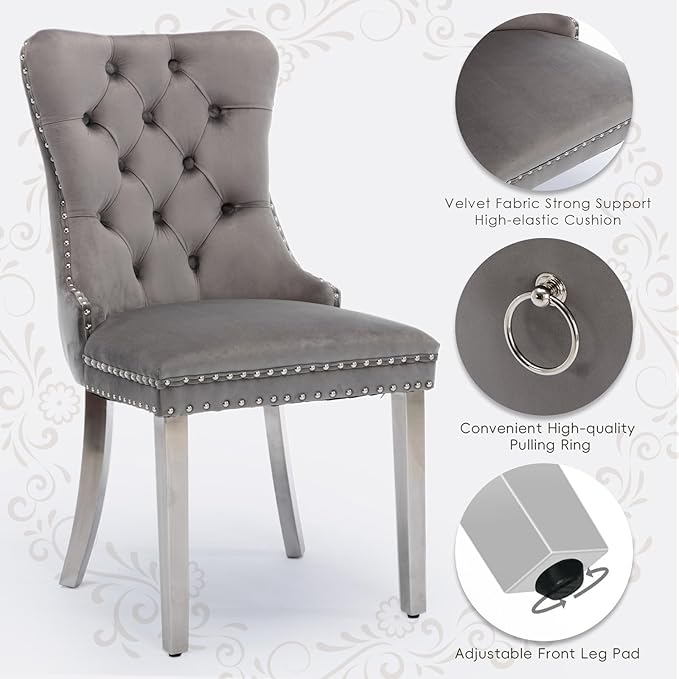 Velvet Upholstered Dining Chairs Set of 4, Modern Style Kitchen Side Chairs with Nailhead Trim and Silver Plated Leg, Metal Pulling Ring for Dining Room Living Room(Gery-Silver Plated Leg)