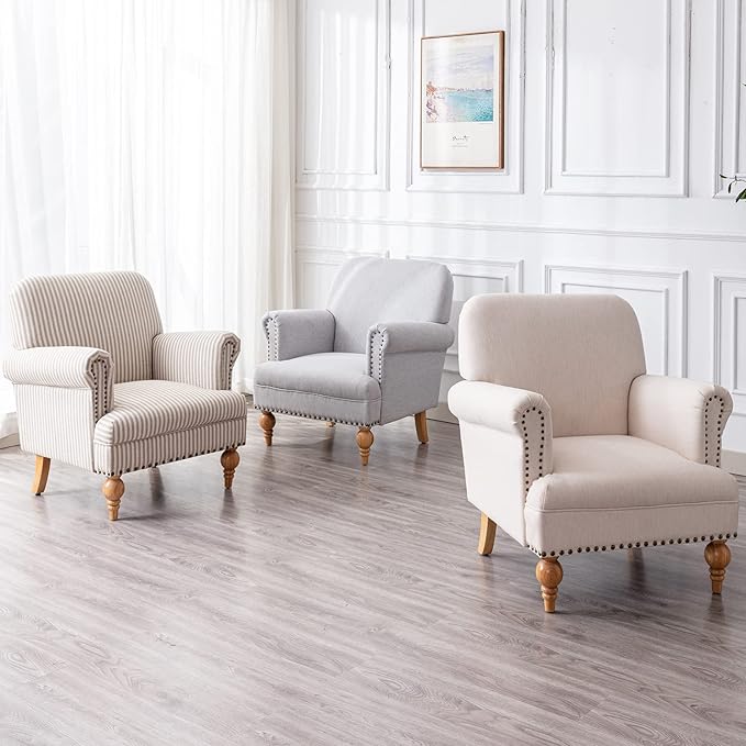 Linen Accent Chair Mid-Century Modern Living Room Armchair with Nailhead Trim & Wood Legs Comfy Upholstered Single Sofa Chair for Lounge/Bedroom/Reception, Grey