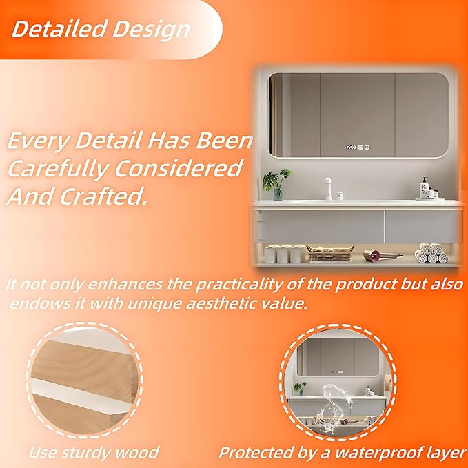 48IN Grey Bathroom Vanity Set - Floating Bathroom Vanity with Single Sink | Including LED Smart Defogging Mirror Cabinet & Time Display Function, Equipped with Motion Sensing Light Strip (Style A)