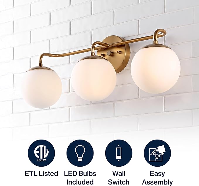 JONATHAN Y JYL3536A Louis Parisian Globe 25" 3-Light Metal/Frosted Glass Modern Contemporary LED Vanity Midcentury Glam 2700K LED 4W Bulbs Entryway Lobby Kitchen Bathroom Bedroom Hallway, Brass Gold