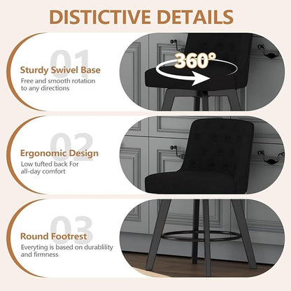 MINCETA Bar Stool, 30 Inch Upholstered Barstool with Low Tufted Back and Footrest, Swivel Counter Height Barstool for Kitchen Island Home Bar Performance Fabric Black