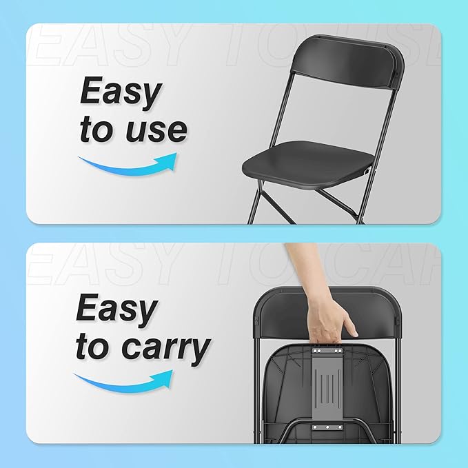Allpop 6 Pack Plastic Folding Chair, 300lb Capacity, Portable Commercial Chair with Steel Frame for Home Office Wedding Party Indoor Outdoor Events, Stackable, Black