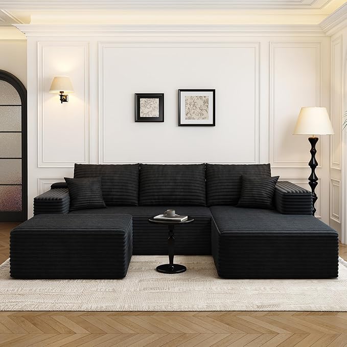 107.5" Cloud Modular Sectional Sofa with 1 Ottoman,Modern Minimalist Upholstered Couches, Comfort U Shaped Sofa for Living Room,Deep Seat Corner Couch，No Assembly Required (Black,Right Facing Chaise)