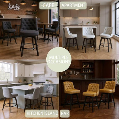 MINCETA Set of 2 Upholstered Bar Stools - 26 Inch Swivel Counter Height Stools with Low Tufted Back, Footrest & Performance Fabric - Round Seat for Kitchen Island & Home Bar Gray and Beige