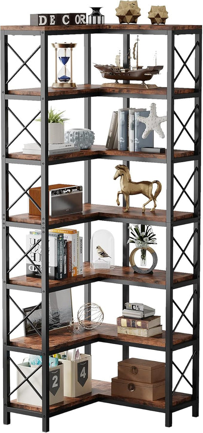 Tribesigns 7-Shelf Corner Bookshelf,Large Modern Corner Bookcase, 7-Tier Tall Corner Shelf Storage Display Rack with Metal Frame for Living Room Home Office (Rustic Brown)