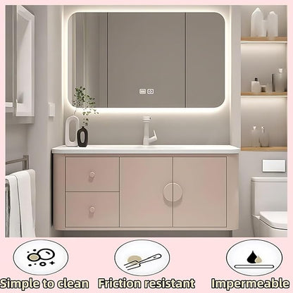 52IN Pink Modern Bathroom Vanity - Bathroom Vanities Set with 2 Drawers Wall Mounted | Rounded Corner Smart Defogging Mirror Cabinet with Lighting & Time Display, Side Opening Storage Shelf (Style A)