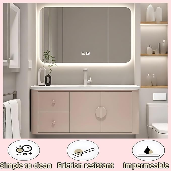 60IN Pink Modern Bathroom Vanity - Bathroom Vanities Set with 2 Drawers Wall Mounted | Rounded Corner Smart Defogging Mirror Cabinet with Lighting & Time Display, Side Opening Storage Shelf (Style B)