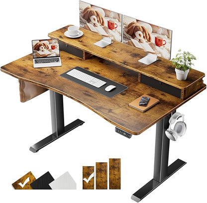 Veken 47.2"×27.6" Standing Desk with Storage Drawers, Adjustable Height Computer Table with Monitor Shelf, Home Office Desk for Study, Gaming, Workstation, Brown
