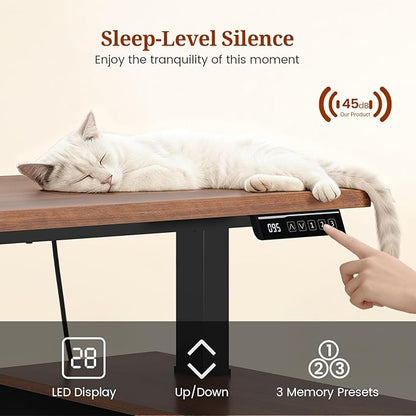 L Shaped Standing Desk Adjustable Height, 53" Electric Office Desk with File Drawers & Storage Shelves, Sit Stand Corner Computer Desk with Power Outlets, Pegboard, 6 Hooks, Black & Walnut