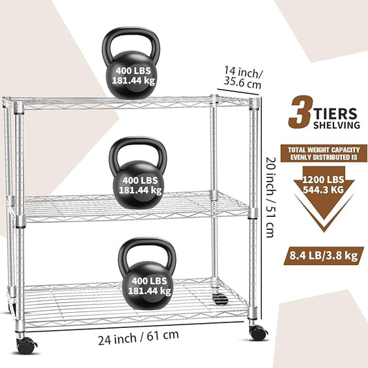 Whitmor 3 Tier Storage Shelving, Heavy Duty with Wheels, Adjustable Steel Organizer, 400 lbs Capacity per Shelf, Max 1200 lbs Total for Garage, Kitchen, Bathroom, 24" L x 14" W x 20" H, Chrome