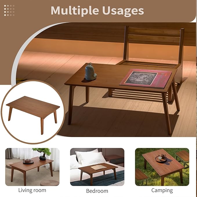 Wooden Folding Coffee Table No Assembly Low Collapsible Japanese Floor Table Small Spaces Tatami FoldableTable for Living Room Home Office (Walnut, Large)