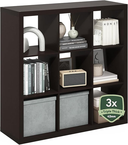 Furinno Cubicle Book Shelf, 9-Cube Bookshelf, Triple Thick Frame Cube Storage Organizer, Bookcase, 15.4 x 43.8 x 43.4, for Home Office, Living Room, Black Oak