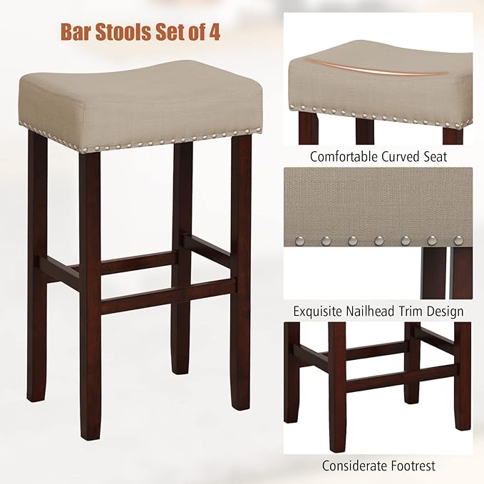 COSTWAY Set of 4 Bar Stools, 29.5-inch Backless Saddle Stools with Nailhead Trim, Rubber Wood Frame, Footrest, Max Load 330 lbs, Upholstered Barstools for Kitchen Island Pub, Beige