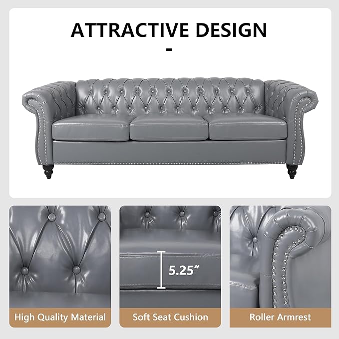 Home Sofa Living Room Furniture, 3 Seater Leather Upholstered Sofa Couch, Modern Comfy Couch with Faux Leather Cushions, Mid Century Tufted Chesterfield Sofas for Bedroom, Office, Apartment (Grey)