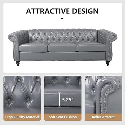 Home Sofa Living Room Furniture, 3 Seater Leather Upholstered Sofa Couch, Modern Comfy Couch with Faux Leather Cushions, Mid Century Tufted Chesterfield Sofas for Bedroom, Office, Apartment (Grey)